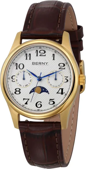 Stainless Steel Case Sub-dail with Date Day Calendar BERNY Gold Watch for Women Moon Phase Watches Ladies Quartz Wristwatch Easy treetop Nevada Read Arabic Numerals Dial Multi-Function Analog Watches 