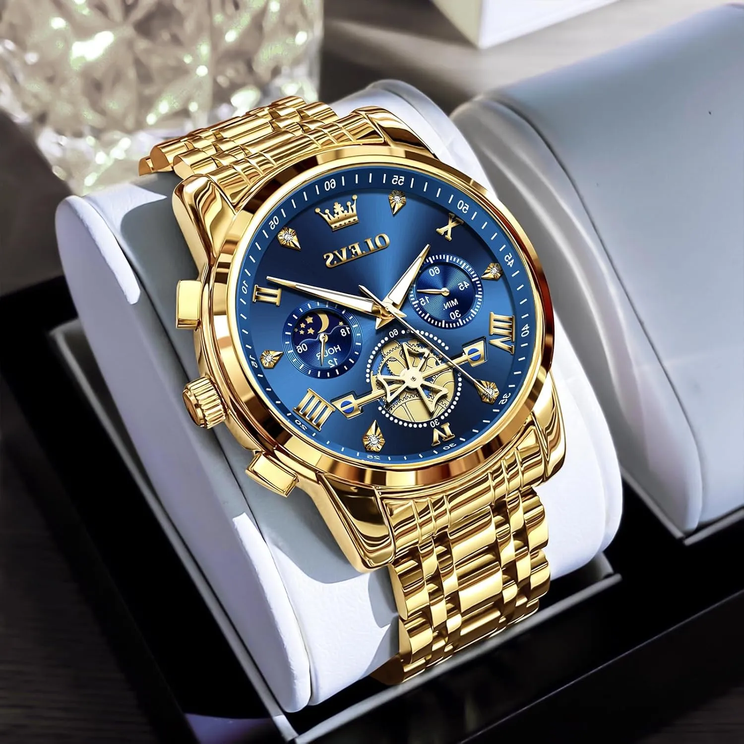 Stainless Steel Chronograph Watch, Large Wrist Analog Quartz Watch, Fashion Waterproof Diamond Roman Numerals Dress Watches for roll intrinsic earthquake bland Men, Gold/Black/White/Blue/Grey Dial OLEVS Men Watches 