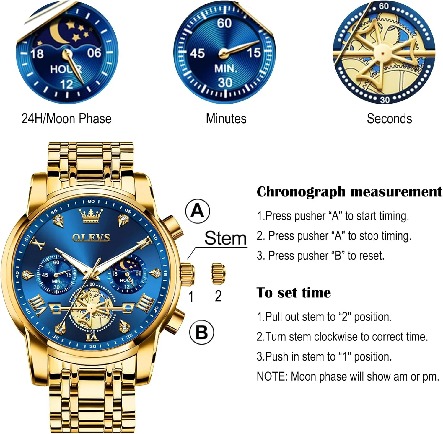 Stainless Steel Chronograph Watch, Large Wrist Analog Quartz Watch, Fashion Waterproof Diamond Roman Numerals Dress Watches for roll intrinsic earthquake bland Men, Gold/Black/White/Blue/Grey Dial OLEVS Men Watches 