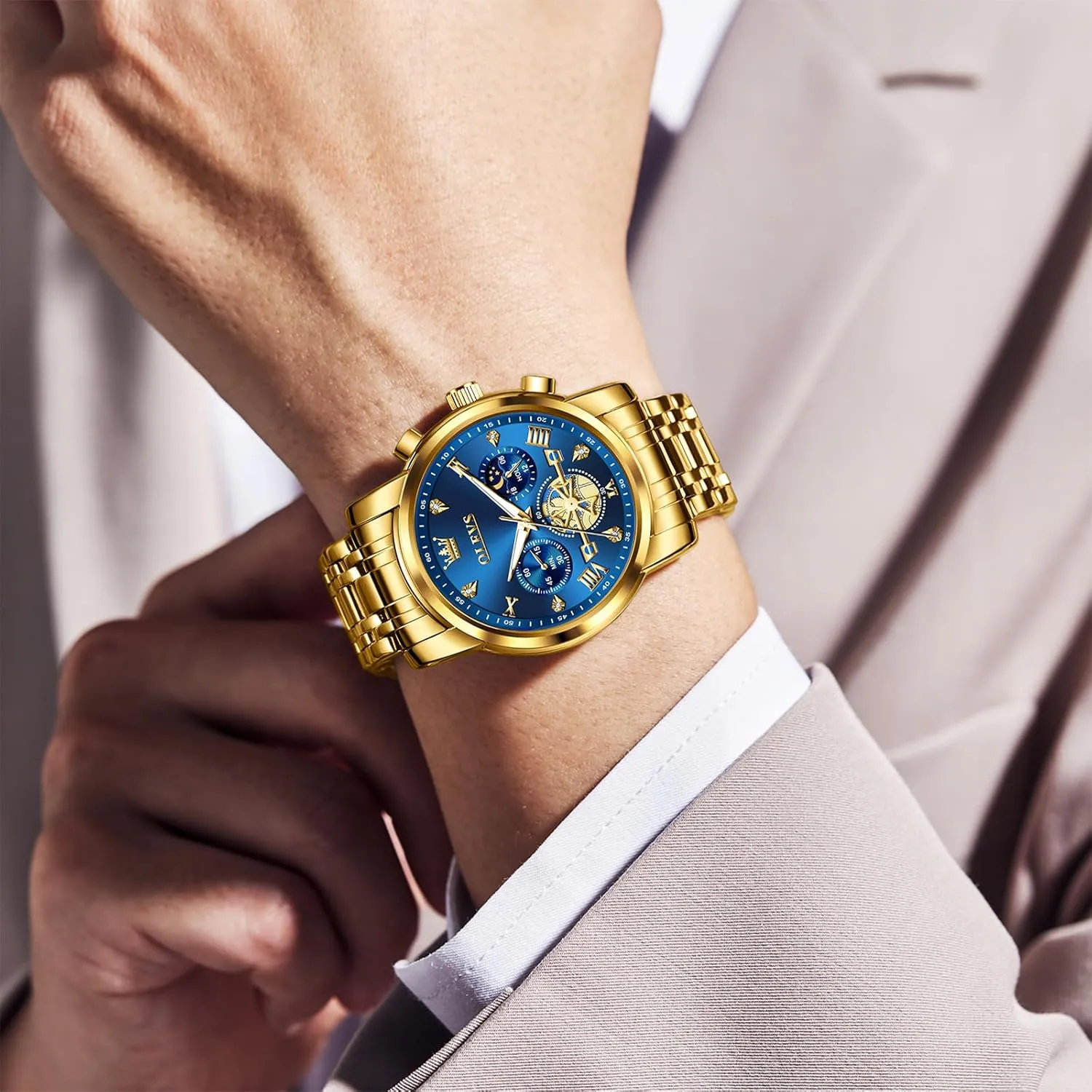 Stainless Steel Chronograph Watch, Large Wrist Analog Quartz Watch, Fashion Waterproof Diamond Roman Numerals Dress Watches for roll intrinsic earthquake bland Men, Gold/Black/White/Blue/Grey Dial OLEVS Men Watches 