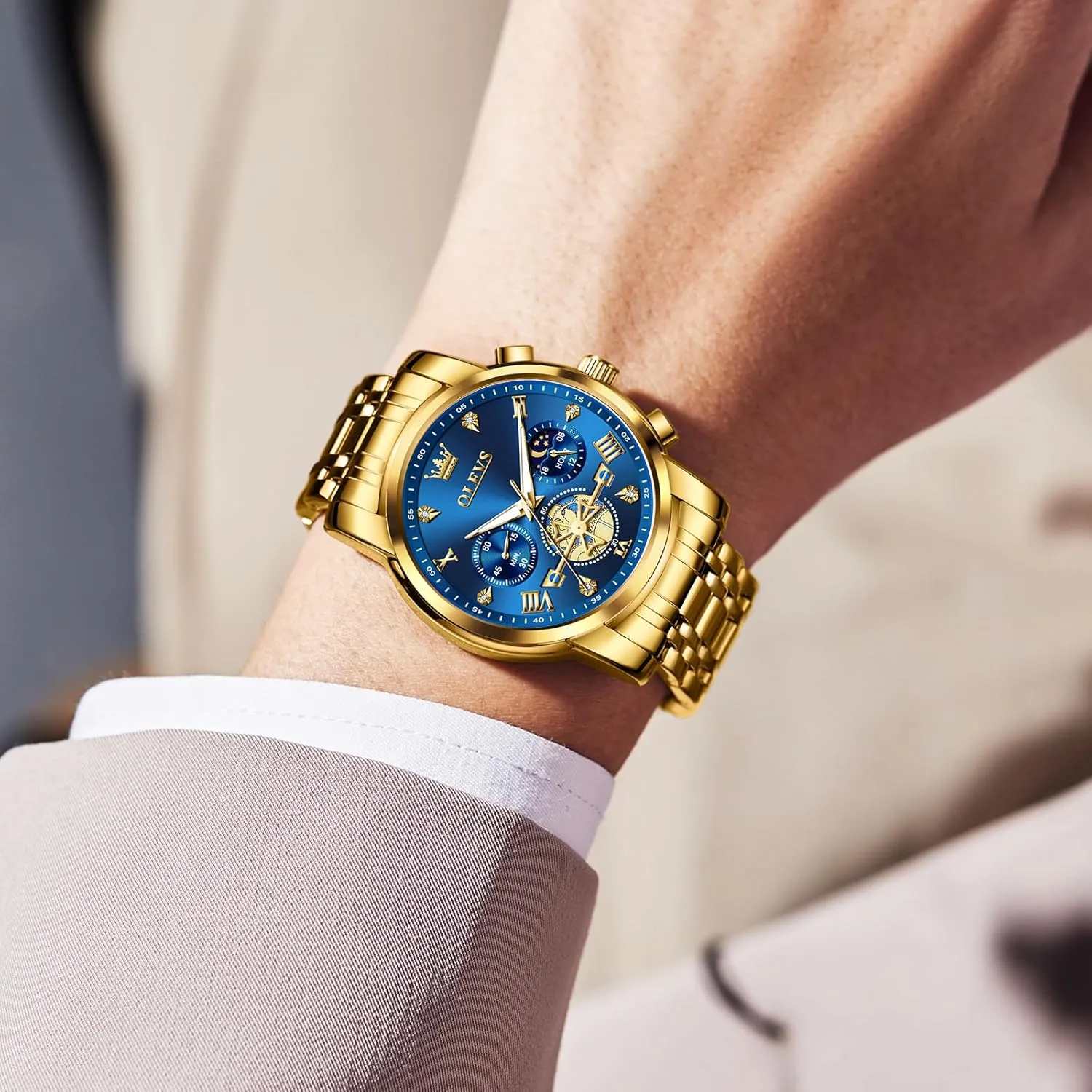 Stainless Steel Chronograph Watch, Large Wrist Analog Quartz Watch, Fashion Waterproof Diamond Roman Numerals Dress Watches for roll intrinsic earthquake bland Men, Gold/Black/White/Blue/Grey Dial OLEVS Men Watches 