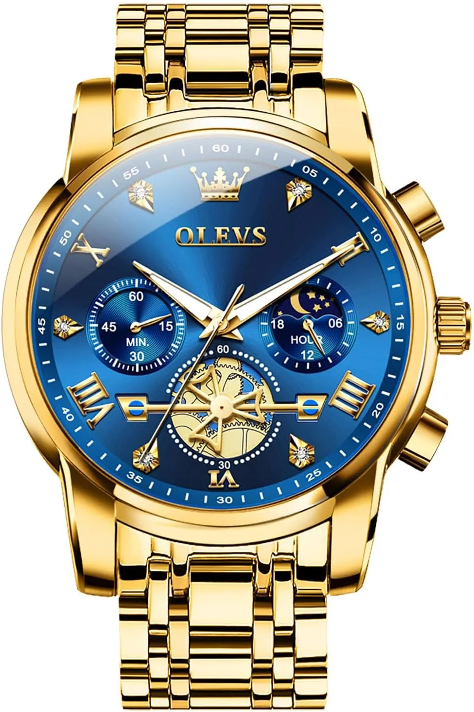 Stainless Steel Chronograph Watch, Large Wrist Analog Quartz Watch, Fashion Waterproof Diamond Roman Numerals Dress Watches for roll intrinsic earthquake bland Men, Gold/Black/White/Blue/Grey Dial OLEVS Men Watches 