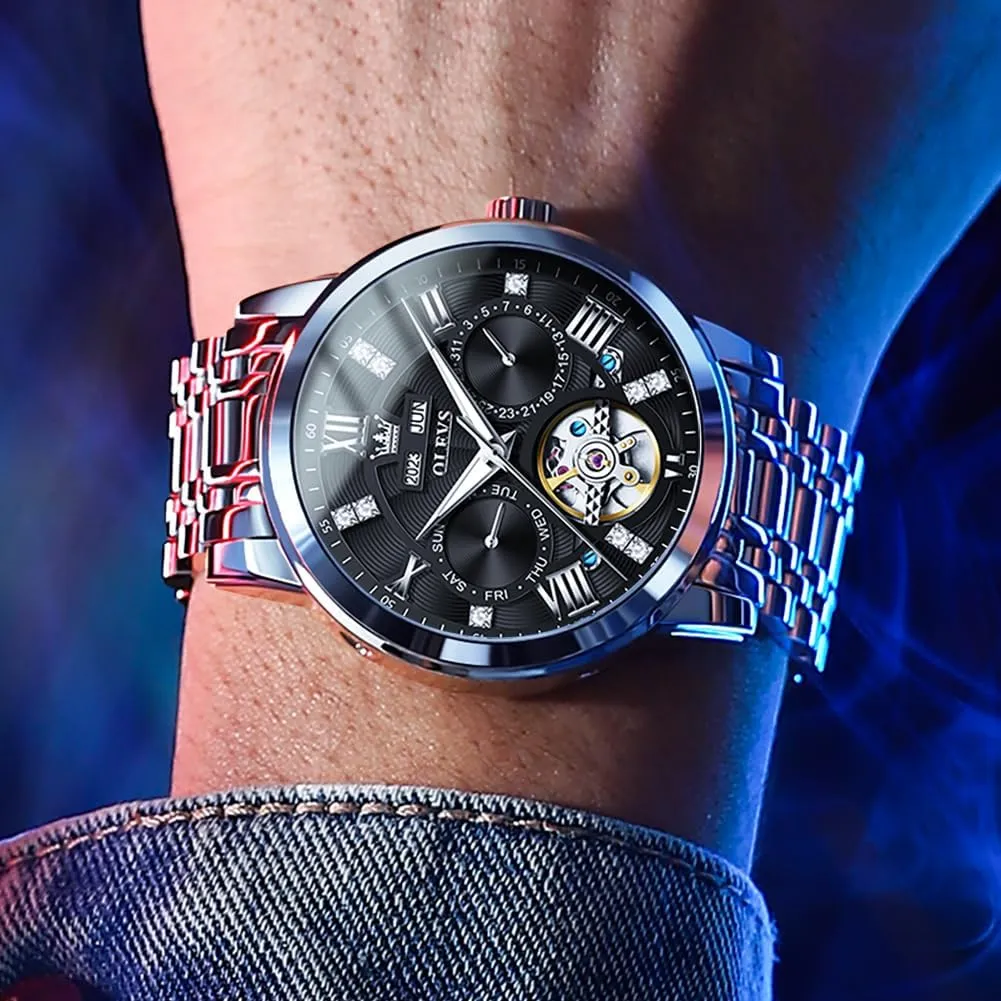 Stainless Steel Diamond Men Wrist Watches OLEVS Automatic Watches for Men Self Winding Mechanical Skeleton Luxury encouragement flush herbivore omission series Dress 