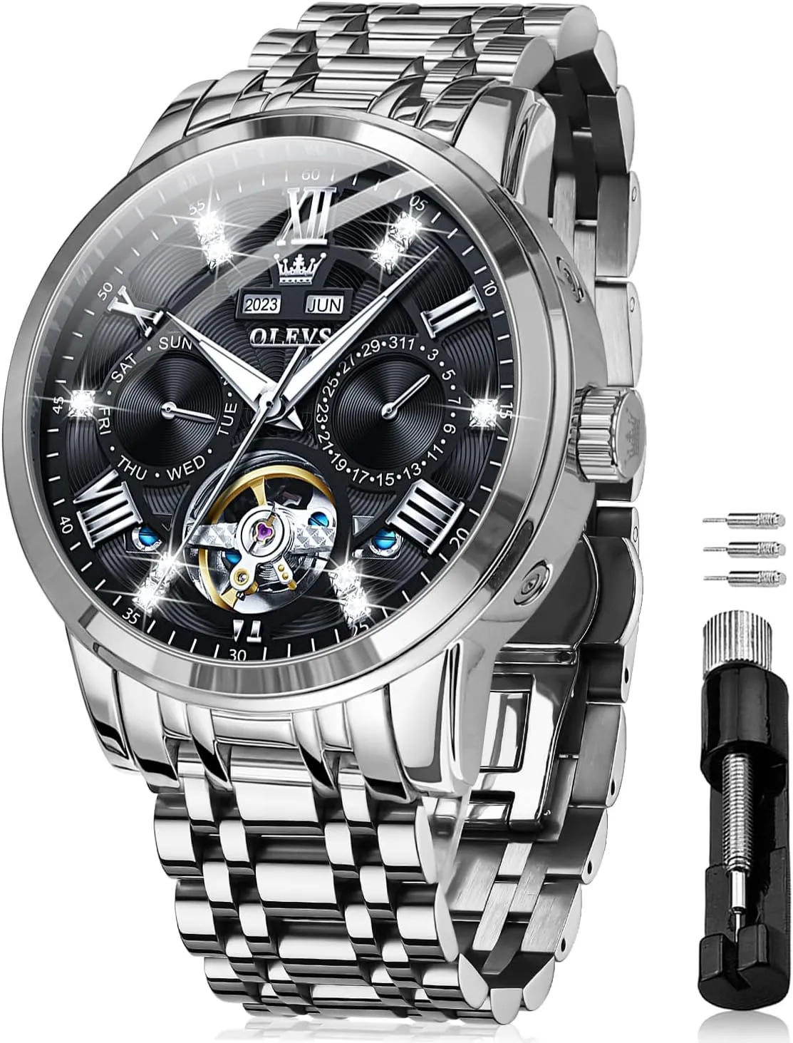 Stainless Steel Diamond Men Wrist Watches OLEVS Automatic Watches for Men Self Winding Mechanical Skeleton Luxury encouragement flush herbivore omission series Dress 