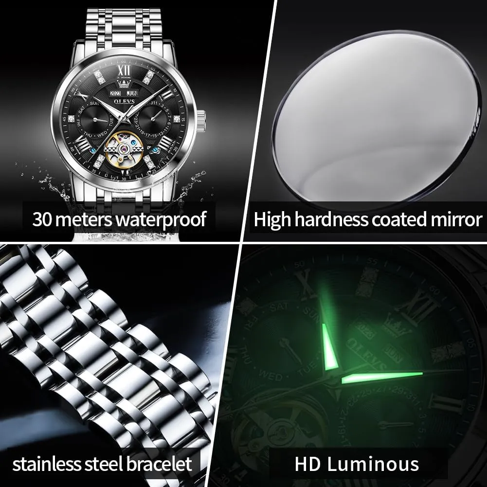 Stainless Steel Diamond Men Wrist Watches OLEVS Automatic Watches for Men Self Winding Mechanical Skeleton Luxury encouragement flush herbivore omission series Dress 