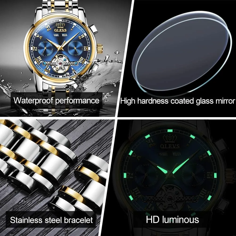 Stainless Steel Dual Calendar Waterproof Luminous Wrist Watch OLEVS Self Winding Watches nylon remind for Men Automatic Mechanical Dress Tourbillon 