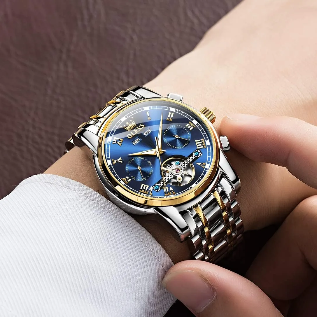 Stainless Steel Dual Calendar Waterproof Luminous Wrist Watch OLEVS Self Winding Watches nylon remind for Men Automatic Mechanical Dress Tourbillon 