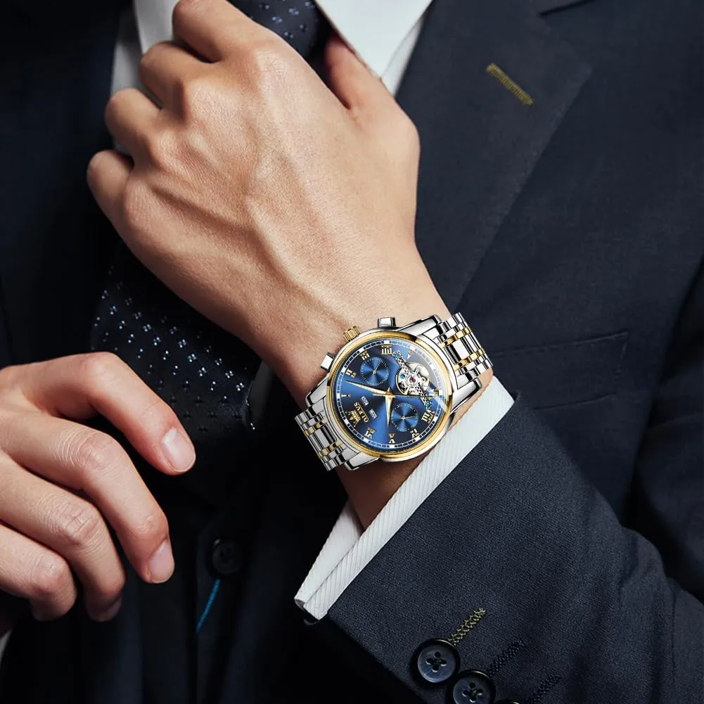 Stainless Steel Dual Calendar Waterproof Luminous Wrist Watch OLEVS Self Winding Watches nylon remind for Men Automatic Mechanical Dress Tourbillon 