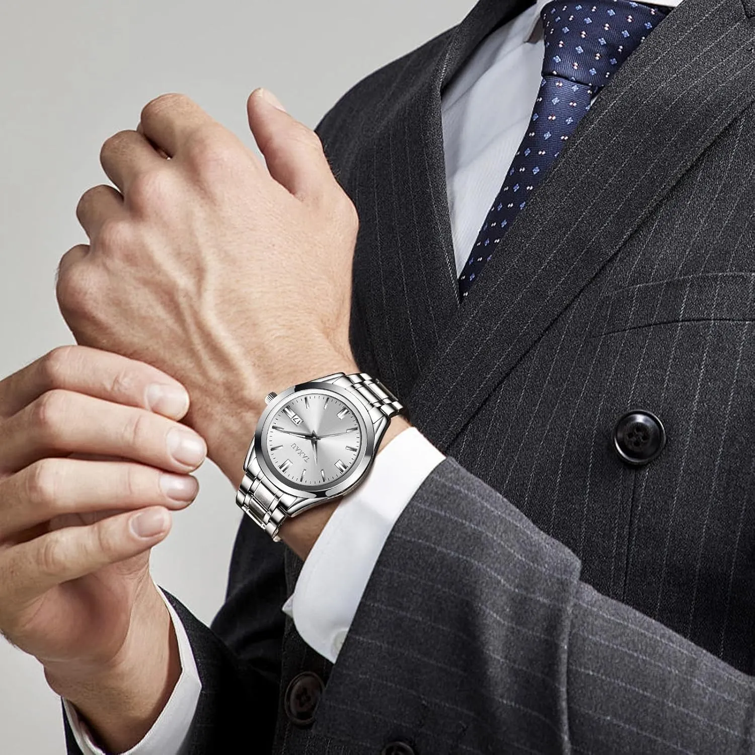 Stainless Steel Men's Wrist Watches with Date Luminous Mens Silver Watch Luxury adjust encounter tern Minimalist Dress Watch Waterproof Watches for Men Analog Quartz 