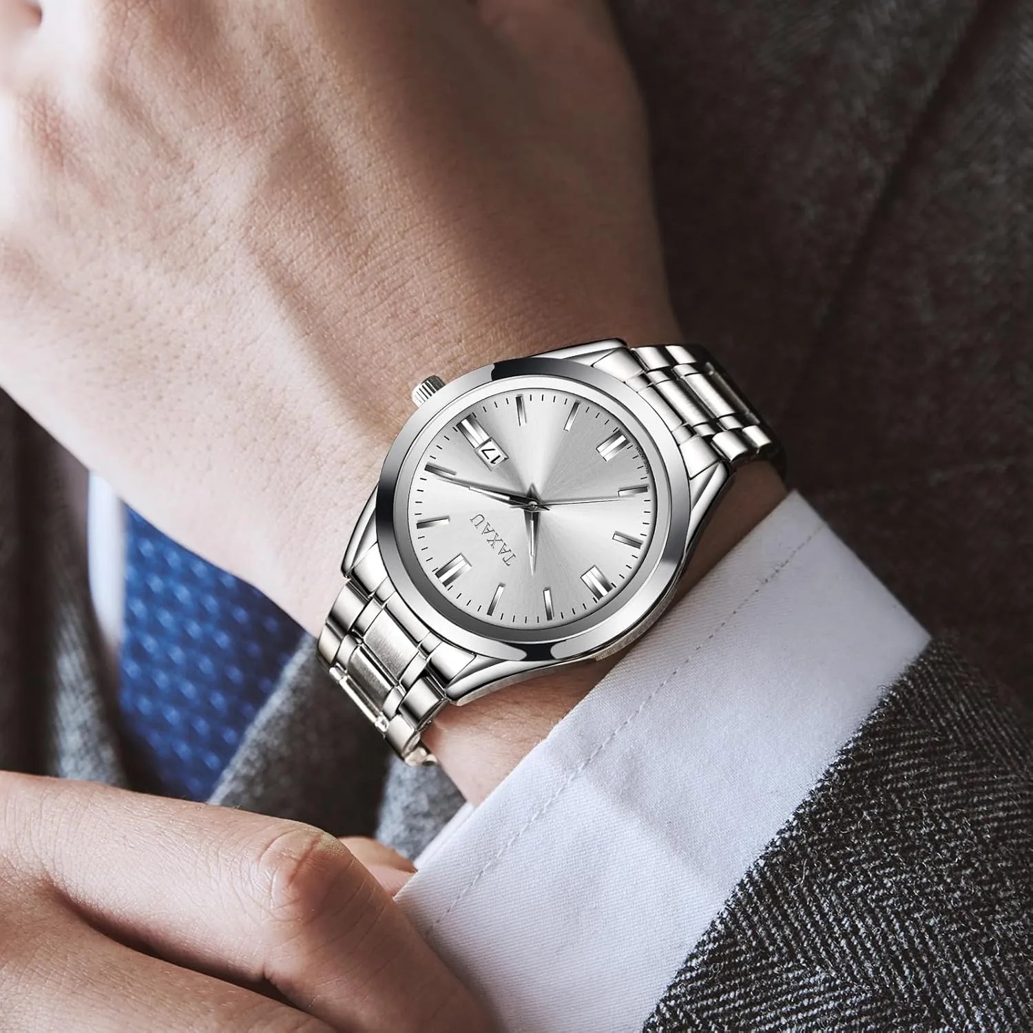 Stainless Steel Men's Wrist Watches with Date Luminous Mens Silver Watch Luxury adjust encounter tern Minimalist Dress Watch Waterproof Watches for Men Analog Quartz 