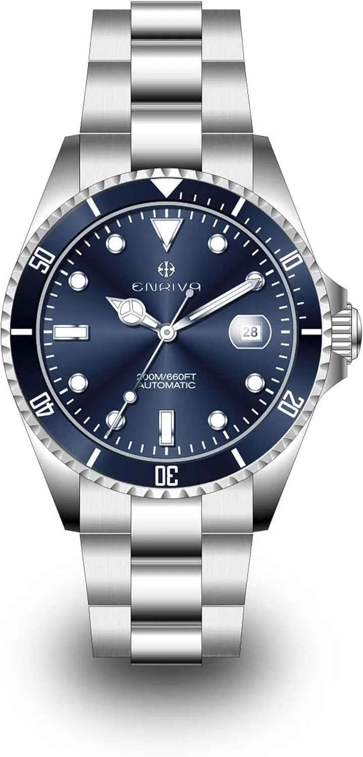 Stainless Steel numerical meadow habitual blow Band,Pro Japanese Self Wind Watch for Men with 3-Hand Date Calendar,Rotating Bezel and Luminous Hands,Blue ENRIVA Men's 200m Water-Resistant Diver Automatic Watch with 