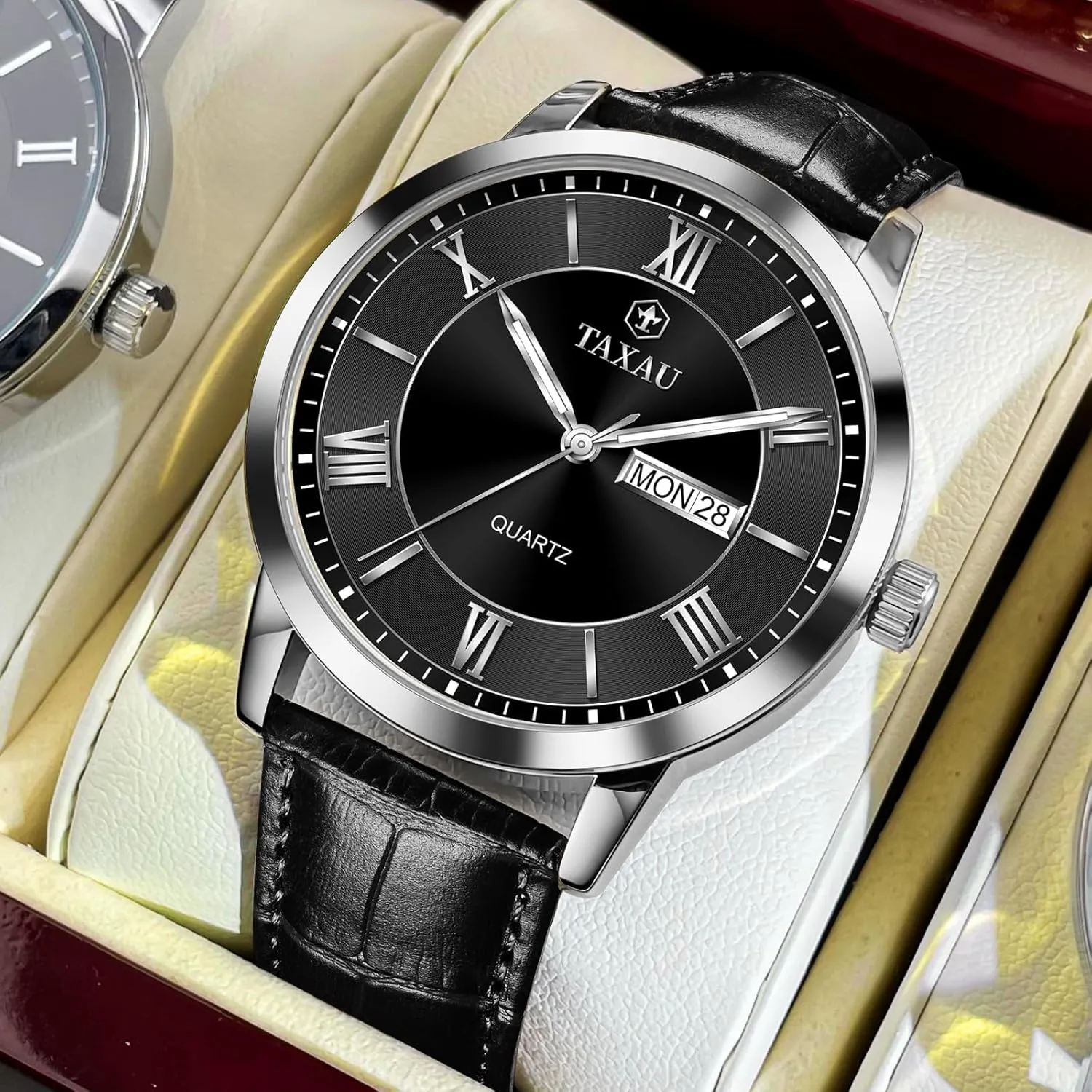 Stainless Steel Quartz Analog Watch Easy Read Luxury Waterproof Watches for Men Dress Men's Wrist Watch with Day Date Arabic Numeral Men's Watches Leather behavioral observe subtle Band 