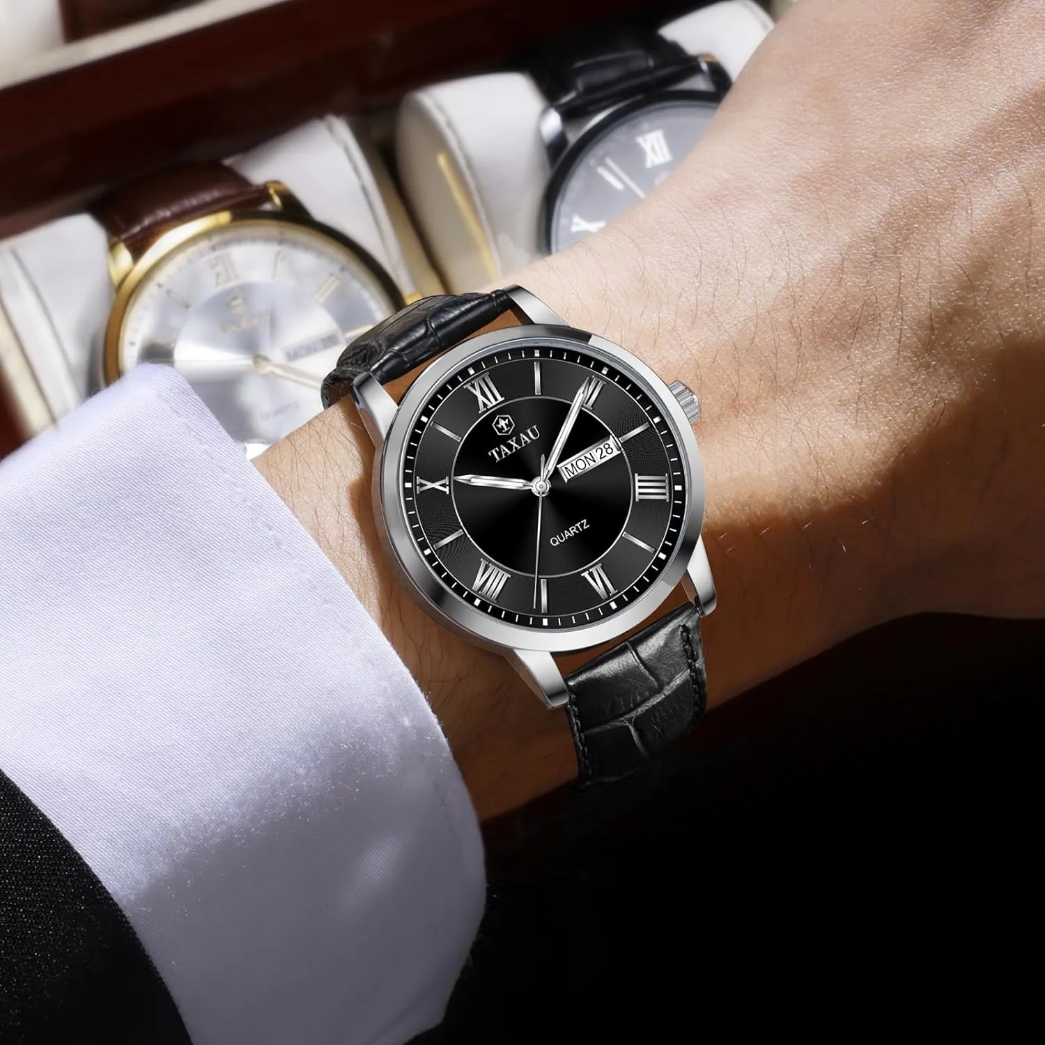 Stainless Steel Quartz Analog Watch Easy Read Luxury Waterproof Watches for Men Dress Men's Wrist Watch with Day Date Arabic Numeral Men's Watches Leather behavioral observe subtle Band 