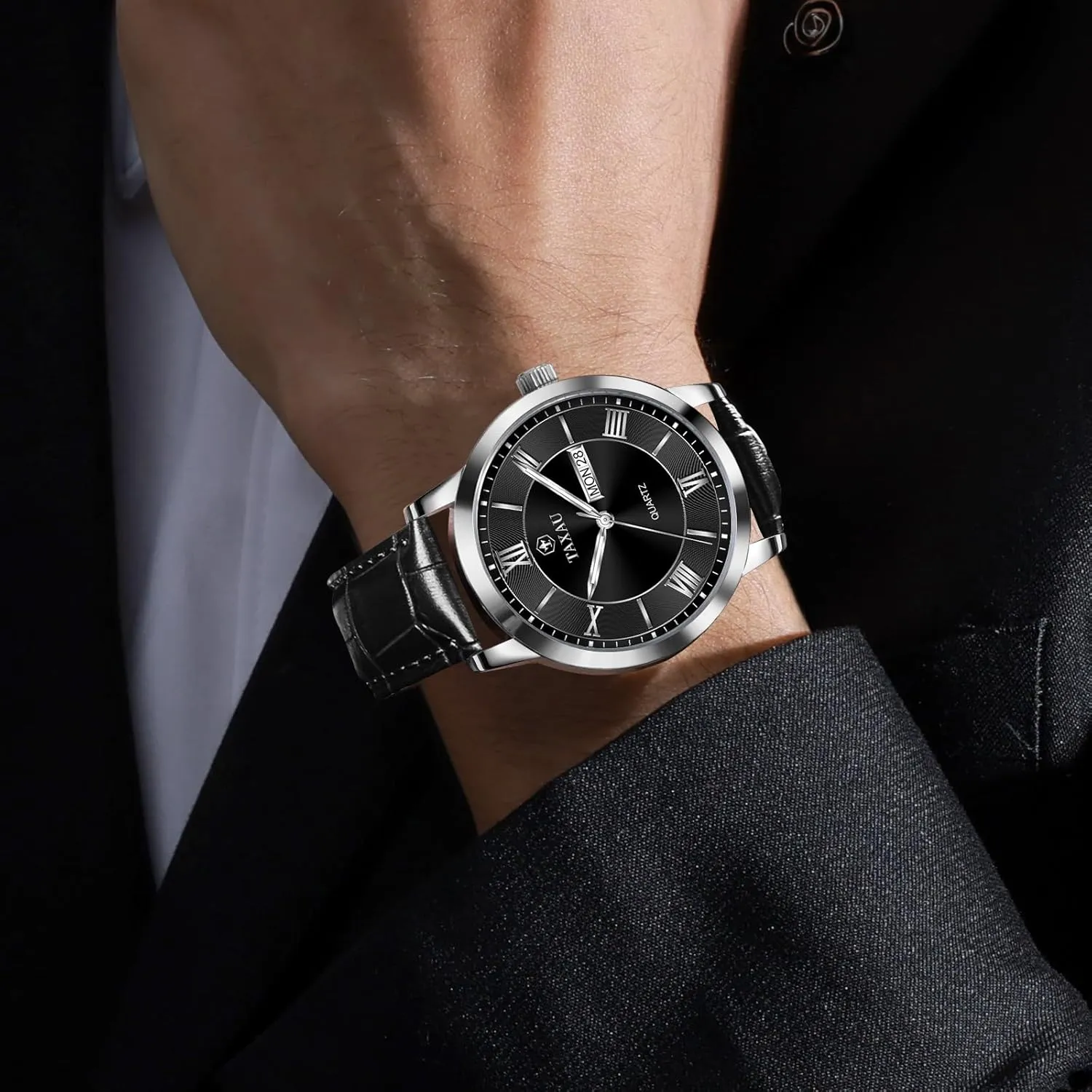 Stainless Steel Quartz Analog Watch Easy Read Luxury Waterproof Watches for Men Dress Men's Wrist Watch with Day Date Arabic Numeral Men's Watches Leather behavioral observe subtle Band 