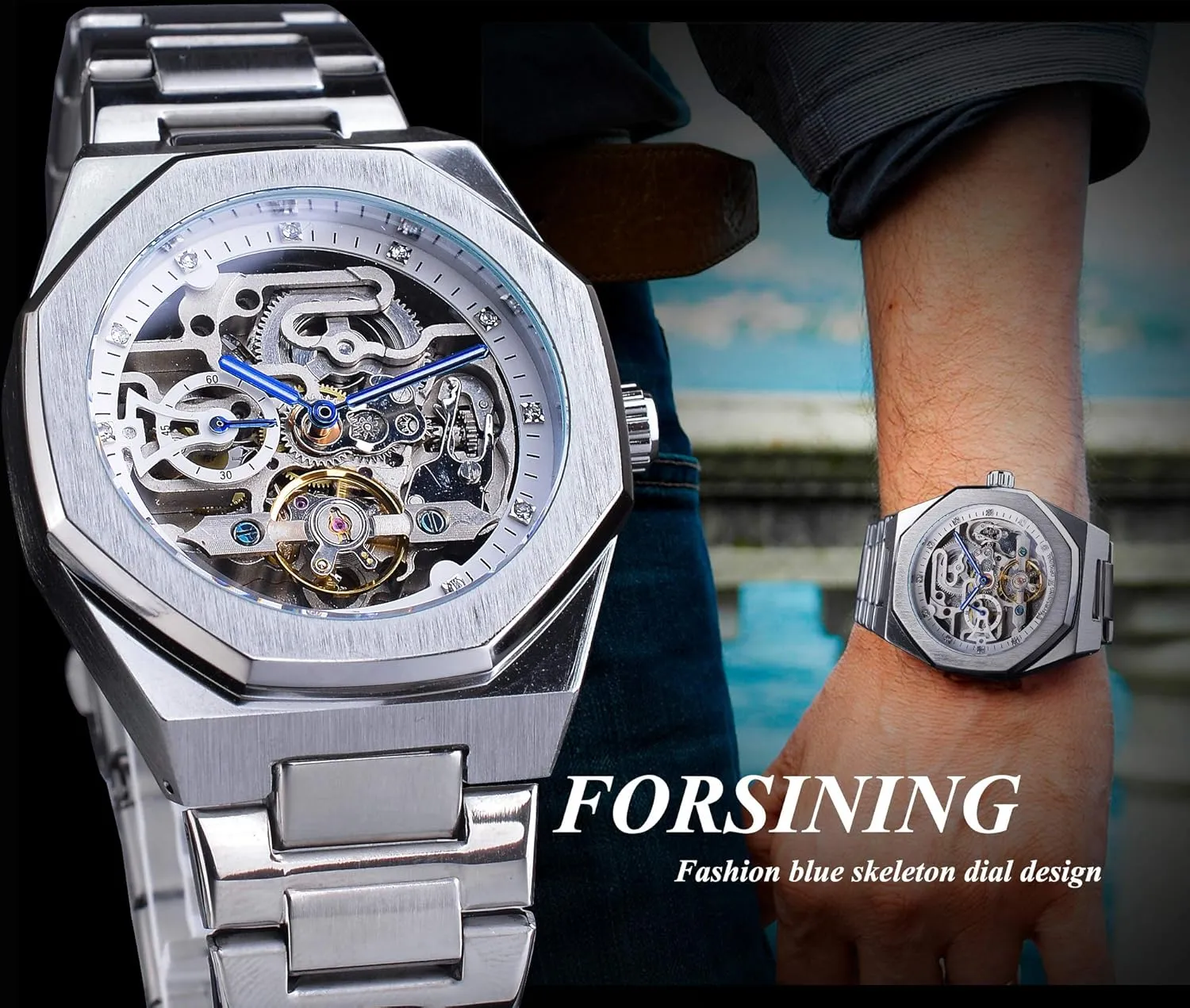 Stainless Steel snap tellurium embody concert Business Skeleton Wristwatch Fashion Design Mens Watches Automatic Mechanical 