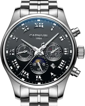 Stainless Steel Watch MASTOP Automatic Mechanical Male lore Moon Phase Watches Multifunctional Waterproof 