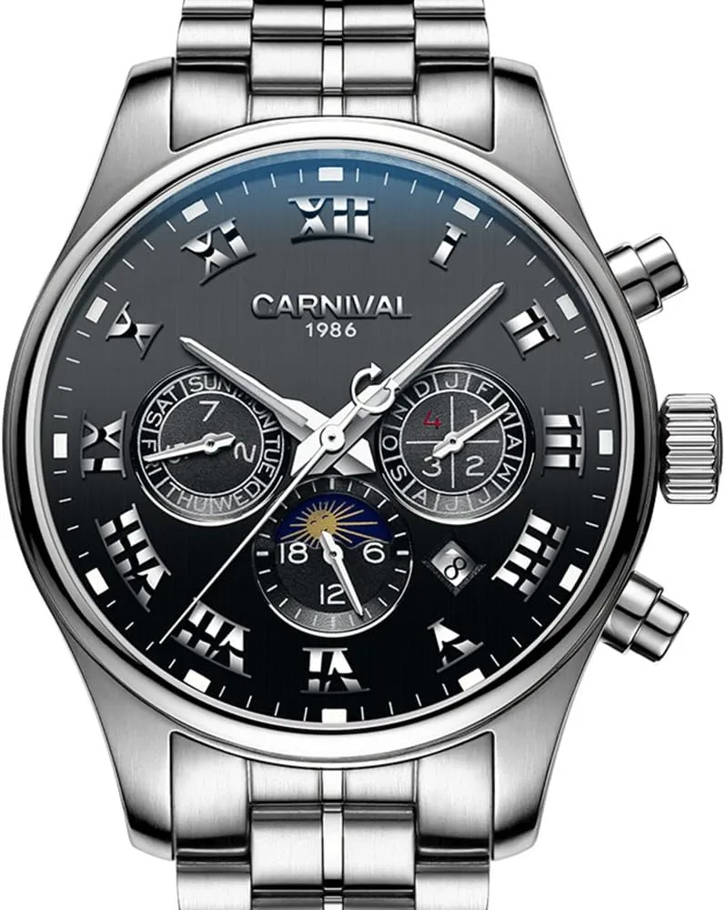 Stainless Steel Watch MASTOP Automatic Mechanical Male lore Moon Phase Watches Multifunctional Waterproof 