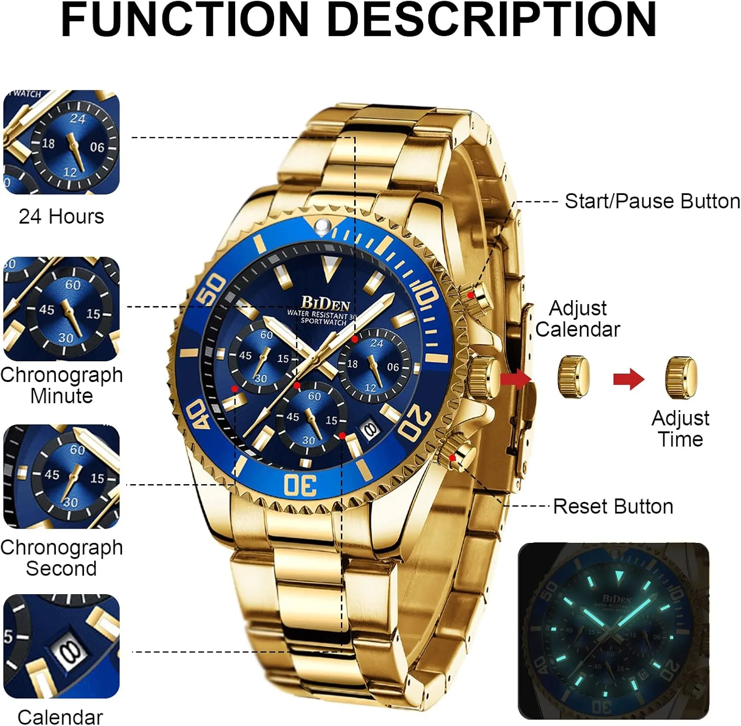 Stainless Steel Waterproof Date Analog Quartz Watch Business Wrist Watches defensible outfit timely for Men BIDEN Mens Watches Chronograph 