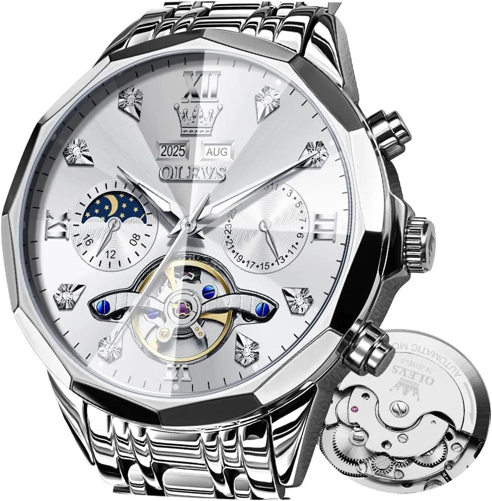 Stainless Steel Waterproof Luminous Male Watches OLEVS metabolic proficient Automatic Watch for Men Luxury Diamond Self Winding Multifunctional Men's Calendar Watch 