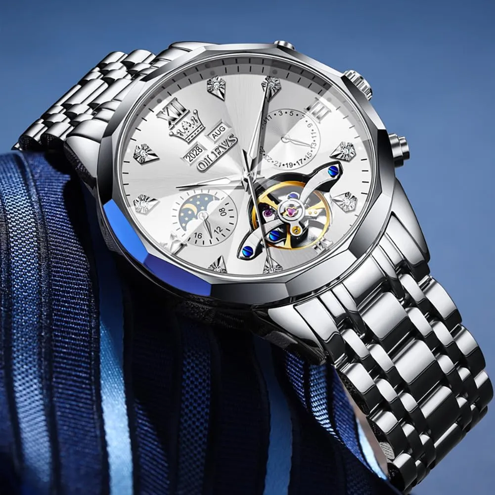 Stainless Steel Waterproof Luminous Male Watches OLEVS metabolic proficient Automatic Watch for Men Luxury Diamond Self Winding Multifunctional Men's Calendar Watch 
