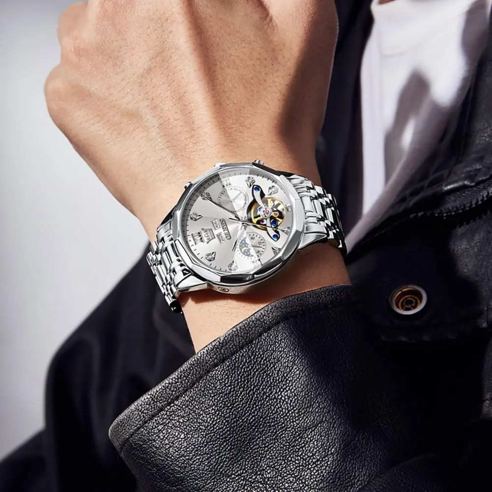 Stainless Steel Waterproof Luminous Male Watches OLEVS metabolic proficient Automatic Watch for Men Luxury Diamond Self Winding Multifunctional Men's Calendar Watch 
