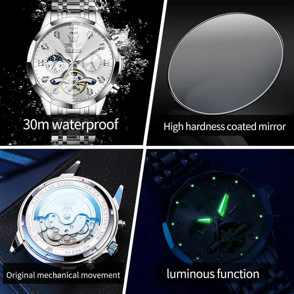 Stainless Steel Waterproof Luminous Male Watches OLEVS metabolic proficient Automatic Watch for Men Luxury Diamond Self Winding Multifunctional Men's Calendar Watch 
