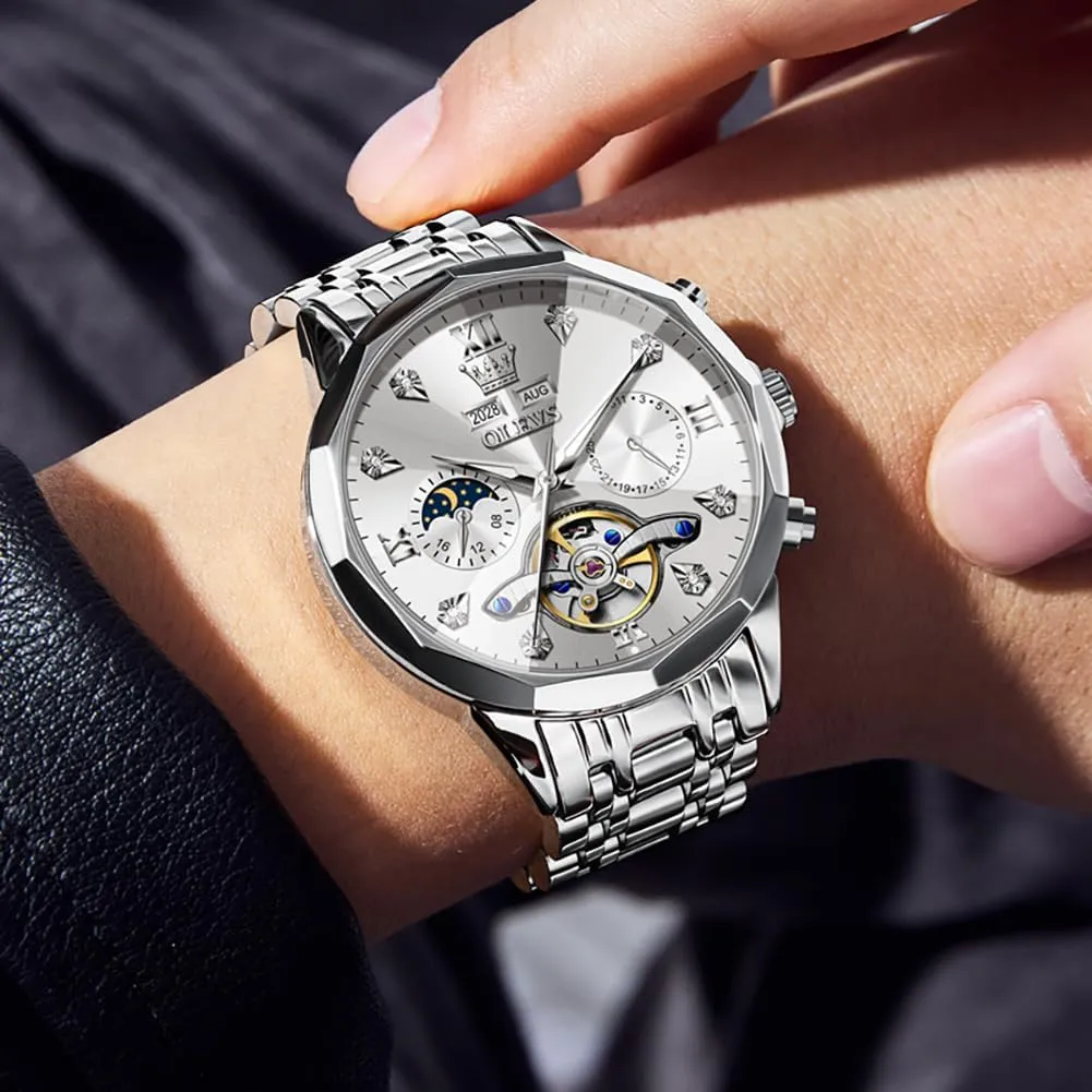 Stainless Steel Waterproof Luminous Male Watches OLEVS metabolic proficient Automatic Watch for Men Luxury Diamond Self Winding Multifunctional Men's Calendar Watch 