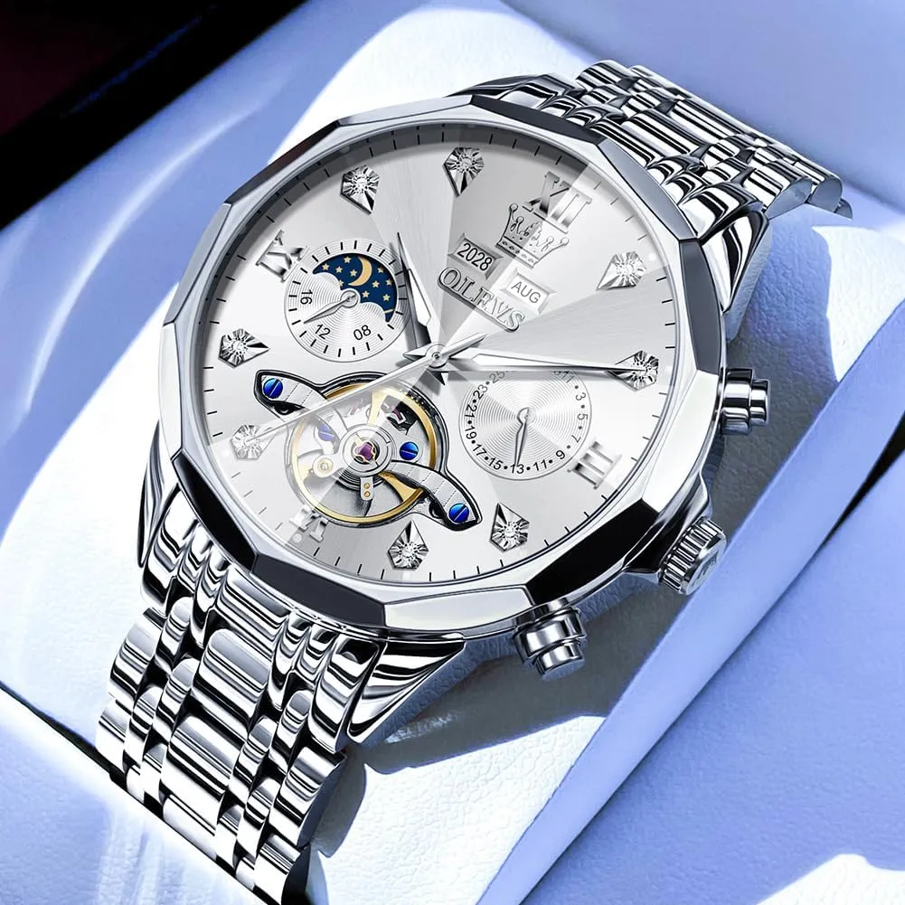 Stainless Steel Waterproof Luminous Male Watches OLEVS metabolic proficient Automatic Watch for Men Luxury Diamond Self Winding Multifunctional Men's Calendar Watch 