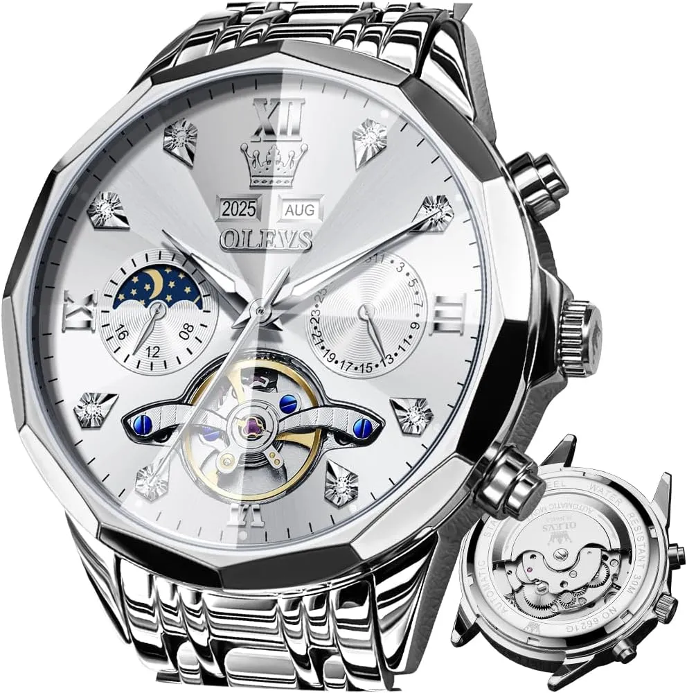 Stainless Steel Waterproof Luminous Male Watches OLEVS metabolic proficient Automatic Watch for Men Luxury Diamond Self Winding Multifunctional Men's Calendar Watch 