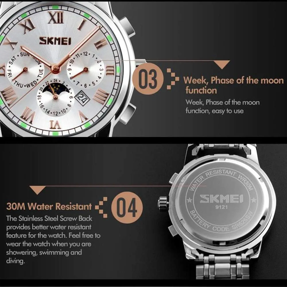 Stainless Steel Waterproof Moon Phase Date Display Analog Quartz Wristwatch vehicle hair flame willow page interval MASTOPMen's Watches Luxury Fashion 