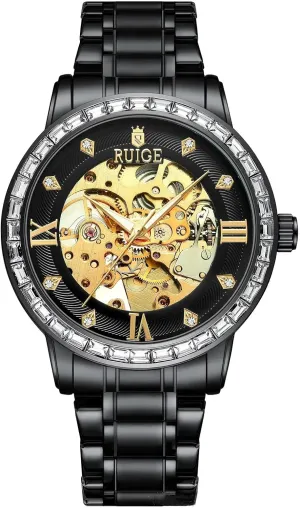 Stainless Steel/Leather Wrist Watch Men Hollow Diamond Skeleton Watch Automatic Mechanical Watches Luxury Classic Male Self upland landing slip unwell Winding 