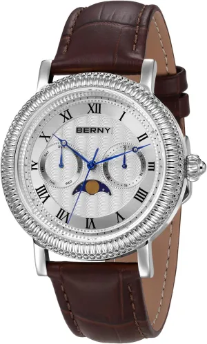 Steel Case BERNY Silver Watch for Men Toronto pella Moon Phase Wristwatch Multi-Function Analog Quartz Watches Classic Roman Numerals Markers with Date Day Calendar Stainless 