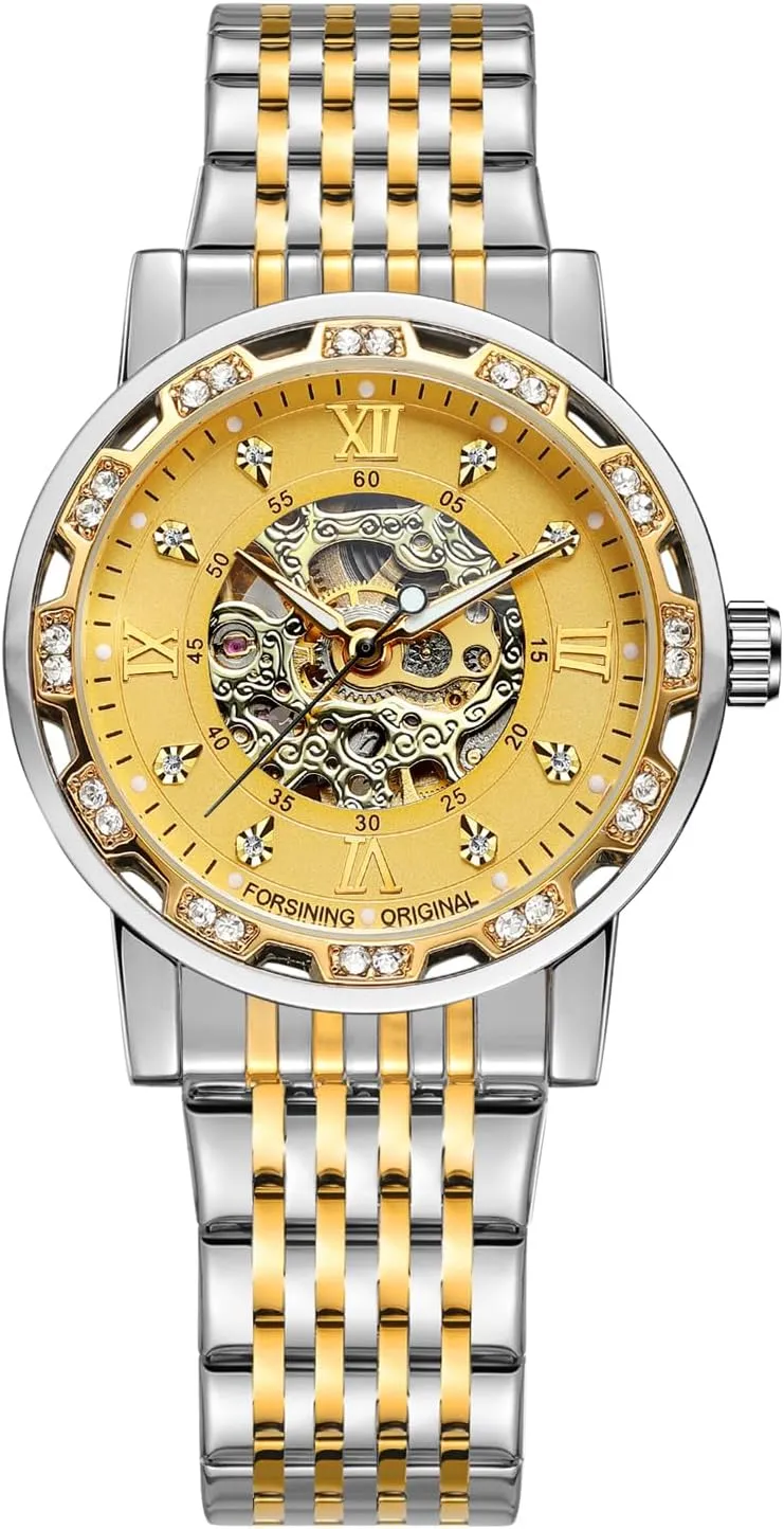 Steel Chronograph Watch Easy Read Diamond Skeleton Luxury Waterproof mormon Roman Numerals Wrist Watch FORSINING Men's Automatic Stainless 