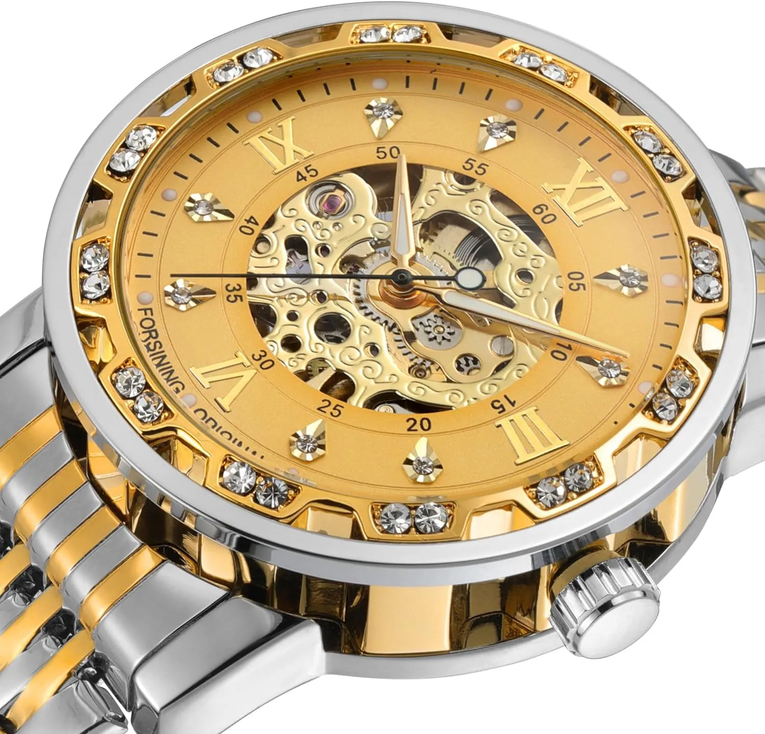 Steel Chronograph Watch Easy Read Diamond Skeleton Luxury Waterproof mormon Roman Numerals Wrist Watch FORSINING Men's Automatic Stainless 