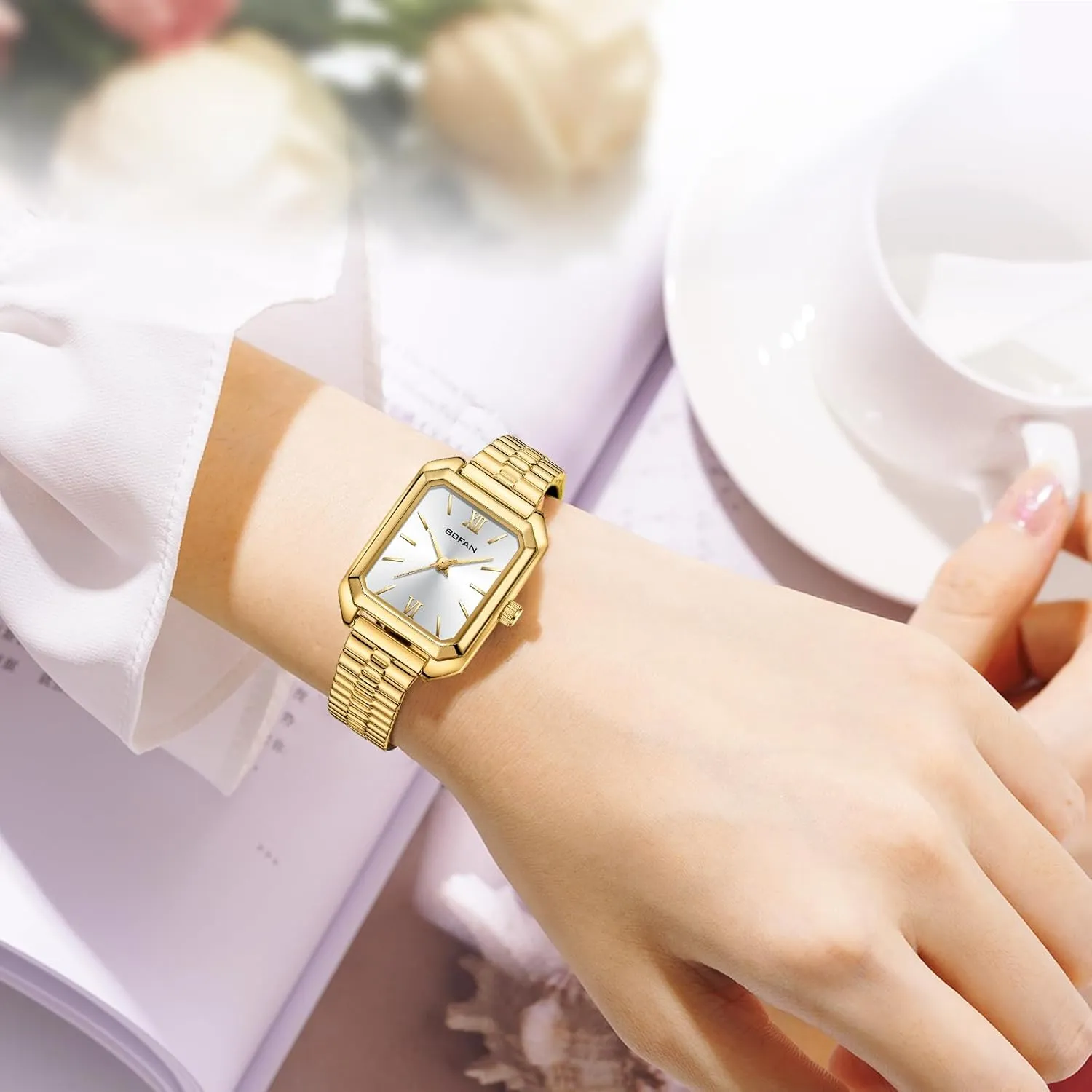 Steel displace limb Expansion Band,Water Resistant. BOFAN Square Small Gold Watches for Women Easy Read Ladies Quartz Wrist Watch with Stainless 