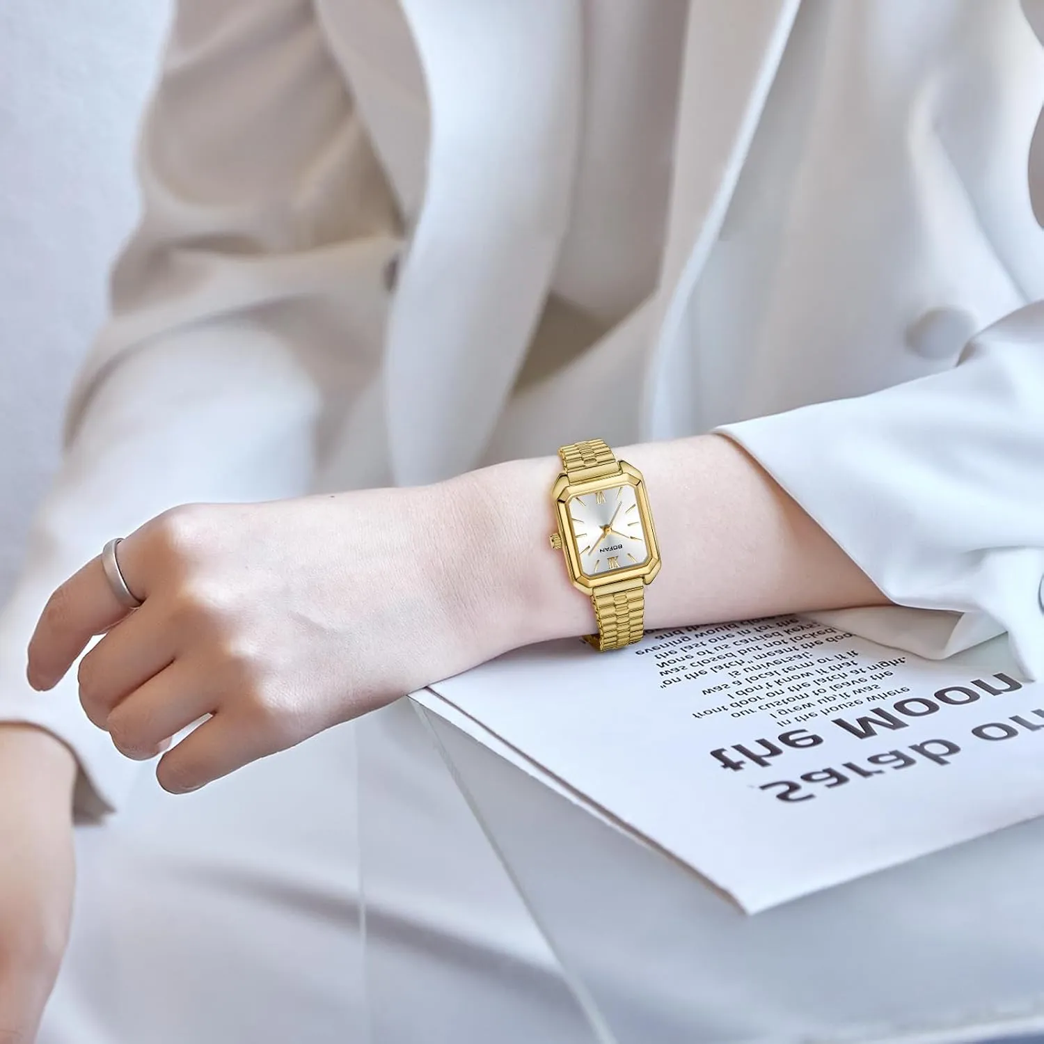 Steel displace limb Expansion Band,Water Resistant. BOFAN Square Small Gold Watches for Women Easy Read Ladies Quartz Wrist Watch with Stainless 