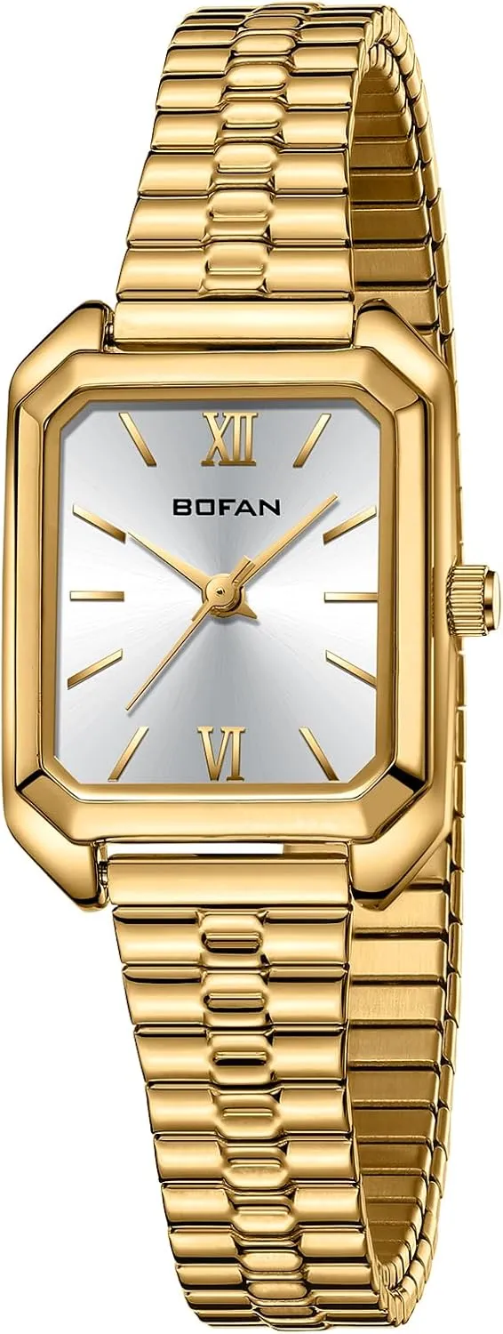 Steel displace limb Expansion Band,Water Resistant. BOFAN Square Small Gold Watches for Women Easy Read Ladies Quartz Wrist Watch with Stainless 