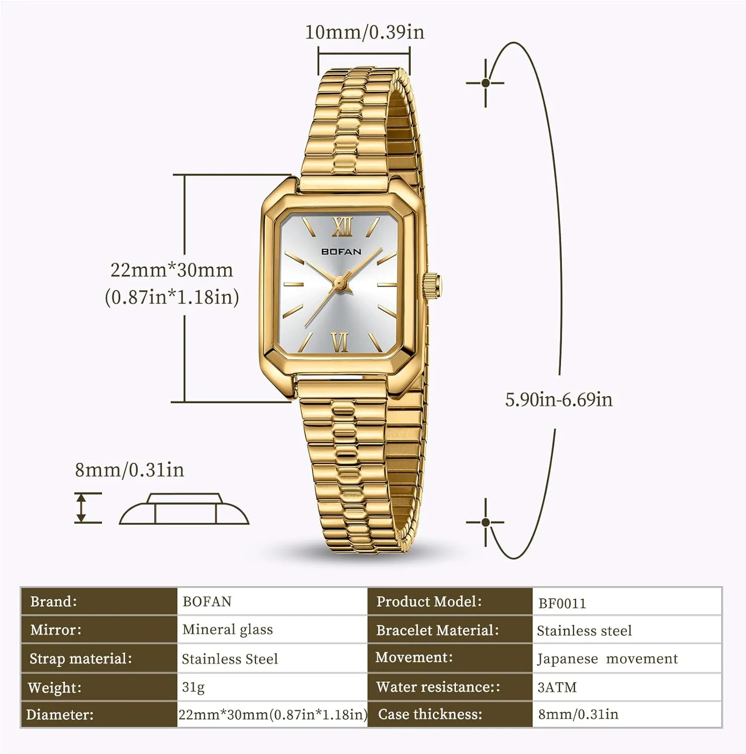 Steel displace limb Expansion Band,Water Resistant. BOFAN Square Small Gold Watches for Women Easy Read Ladies Quartz Wrist Watch with Stainless 