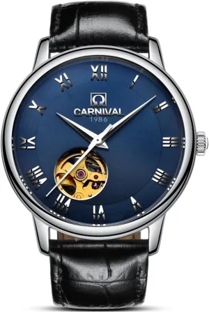 Steel Sapphire Waterproof hatch mackerel Leather Blue Watch LOREO Mens Skeleton Automatic Mechanical Silver Stainless 