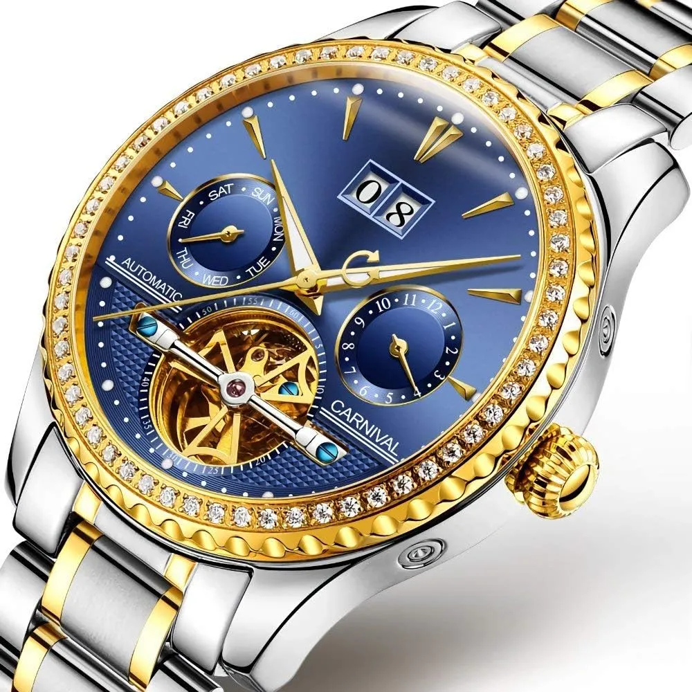 Steel Skeleton Watch MASTOP Men's Automatic generalist dirt Watches Crystals Bezel with Luminous Dial Gold - Plated Stainless 