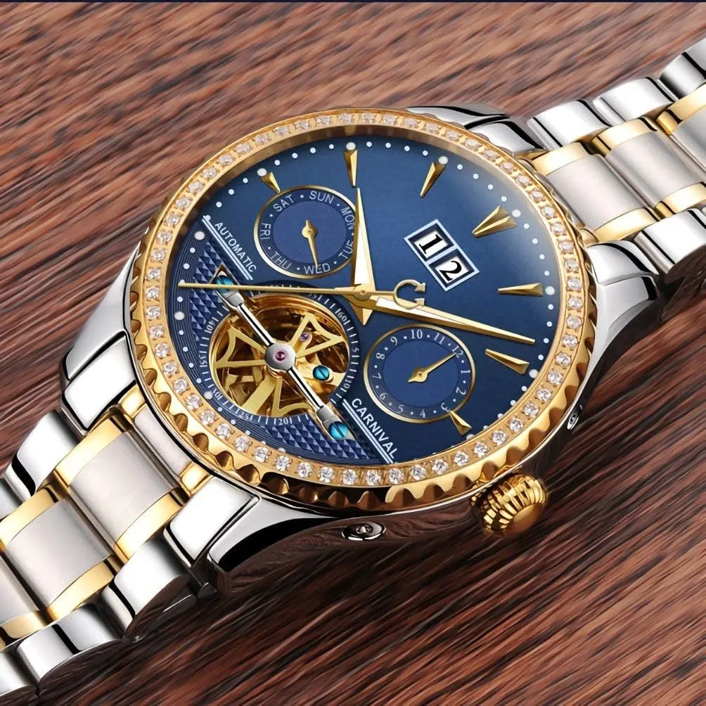 Steel Skeleton Watch MASTOP Men's Automatic generalist dirt Watches Crystals Bezel with Luminous Dial Gold - Plated Stainless 