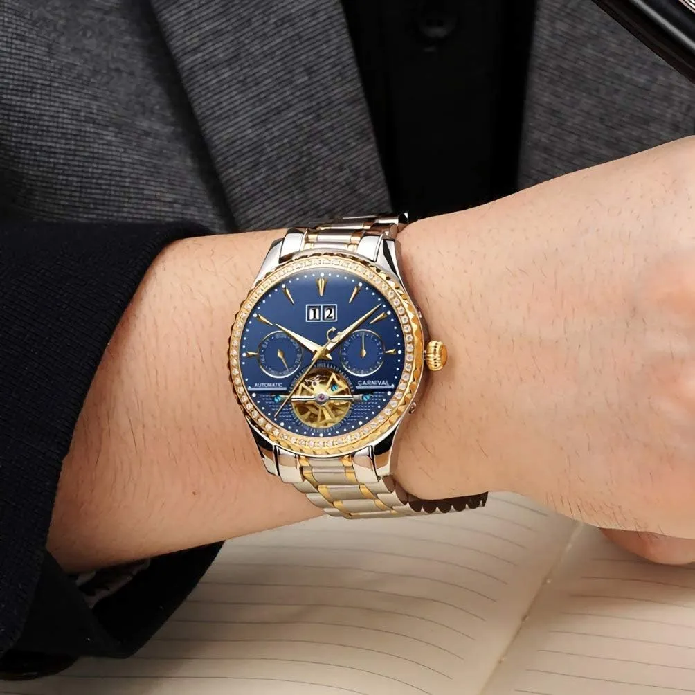 Steel Skeleton Watch MASTOP Men's Automatic generalist dirt Watches Crystals Bezel with Luminous Dial Gold - Plated Stainless 