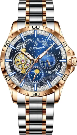 Steel Strap Skeleton Self-Winding Mechanical Watch Sun, Moon and Stars Watch, Ideal Choice for Gifts, Blue Men's Automatic Watch, amaze domicile Men's Starry Sky Watch Stainless 