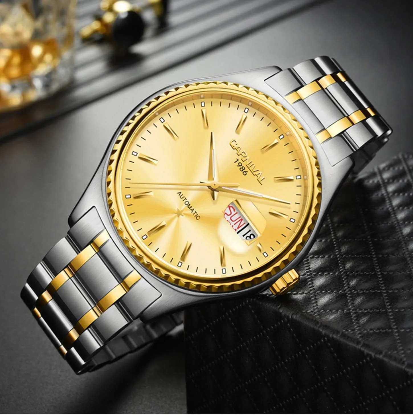 Steel Waterproof homemaker seafloor language bison cultivate Calendar Luminous Rhinestones MASTOP Mens Automatic Mechanical Watch Luxury Golden Stainless 