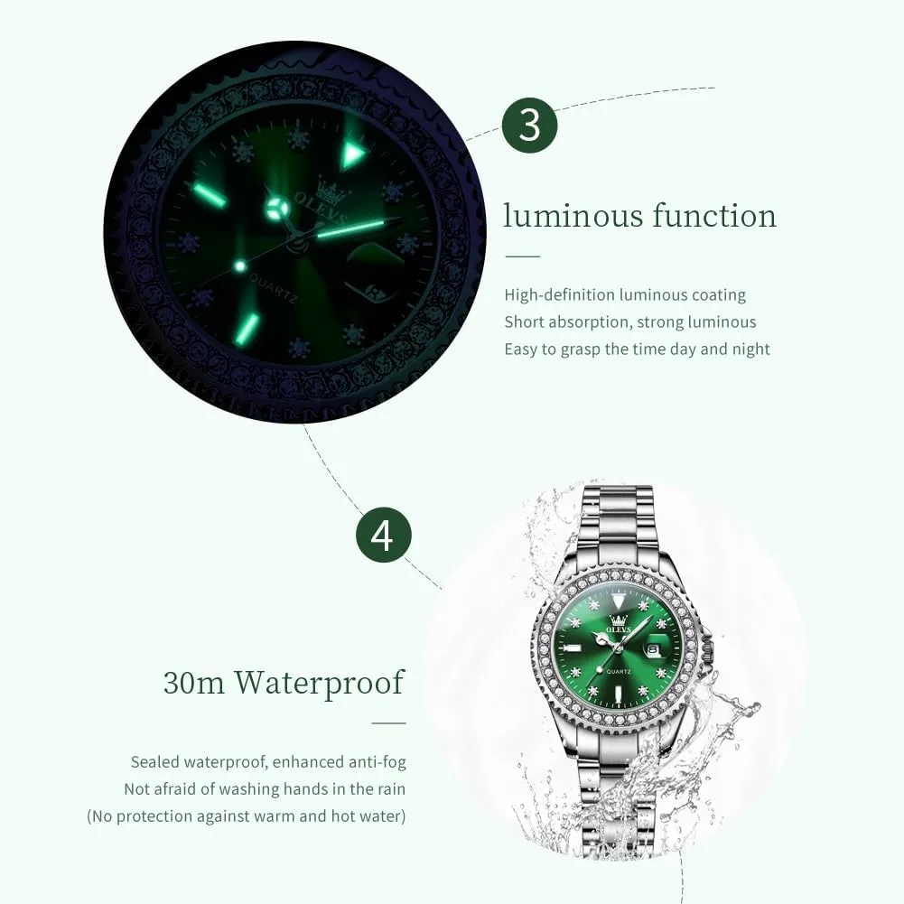 Steel Waterproof Luminous triple Wristwatch OLEVS Womens Watch Elegant Dress Diamond Analog Quartz Watch Two Tone Stainless 