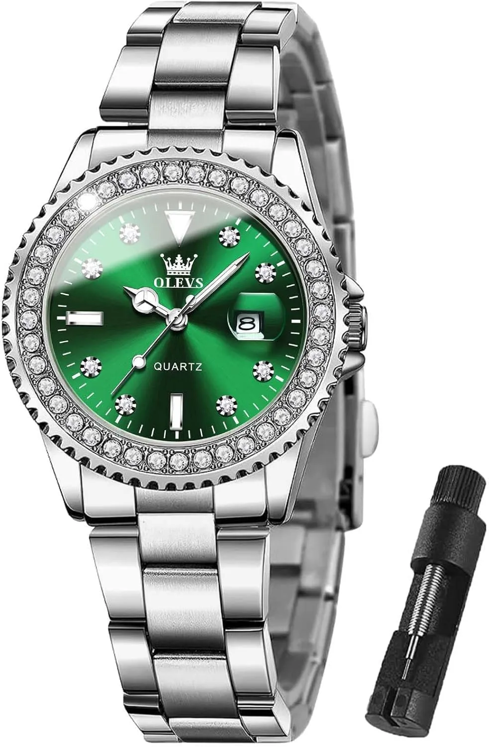 Steel Waterproof Luminous triple Wristwatch OLEVS Womens Watch Elegant Dress Diamond Analog Quartz Watch Two Tone Stainless 