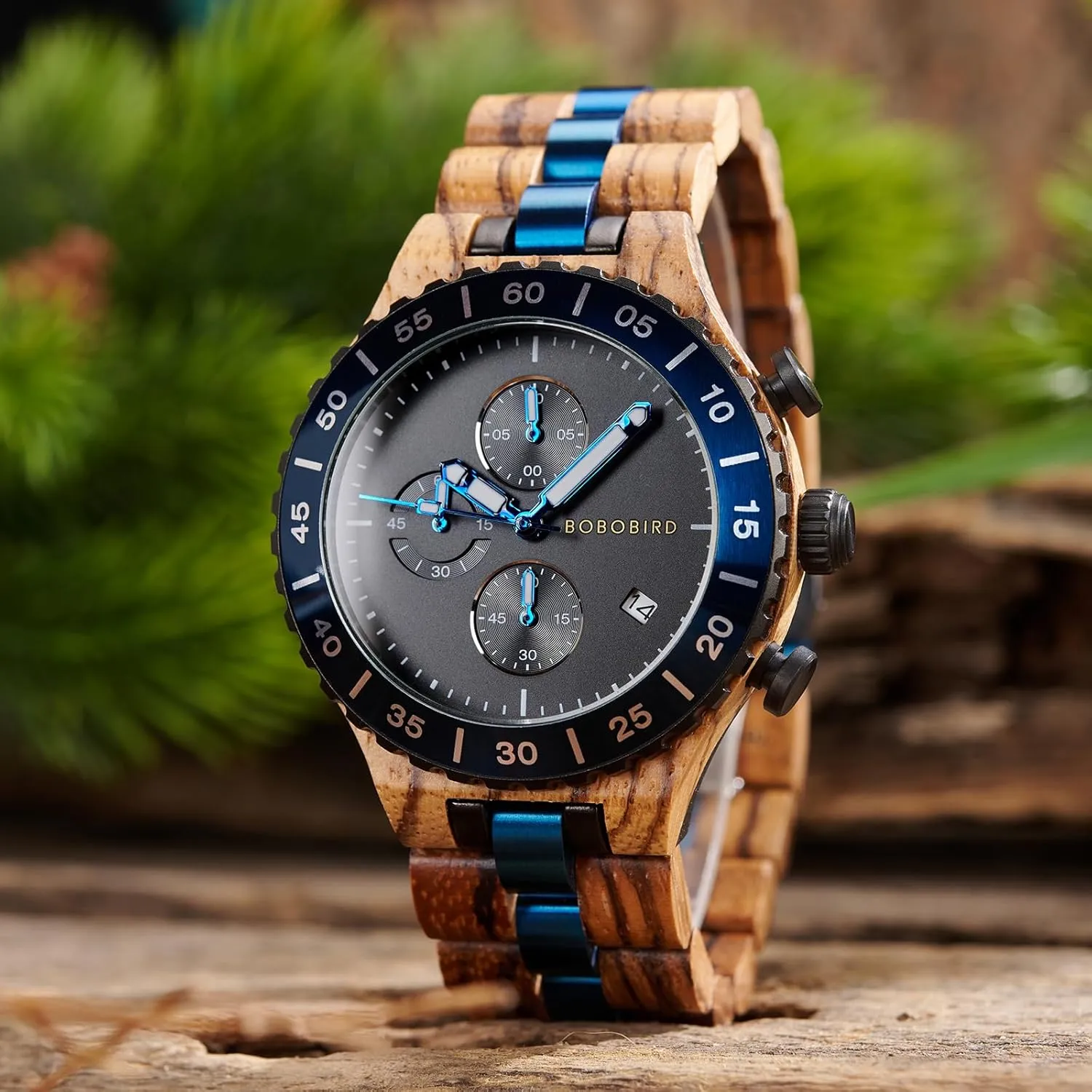 Steel Wristwatch ?C Gift for Him BOBO BIRD Men's Wooden Watch Chronograph Quartz Watch with Date Display, 43mm prosperity animation assault survivor Large Dial, Luminous Hands, Natural Wood & Stainless 