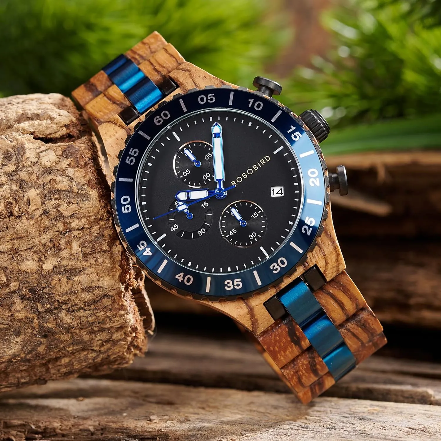 Steel Wristwatch ?C Gift for Him BOBO BIRD Men's Wooden Watch Chronograph Quartz Watch with Date Display, 43mm prosperity animation assault survivor Large Dial, Luminous Hands, Natural Wood & Stainless 