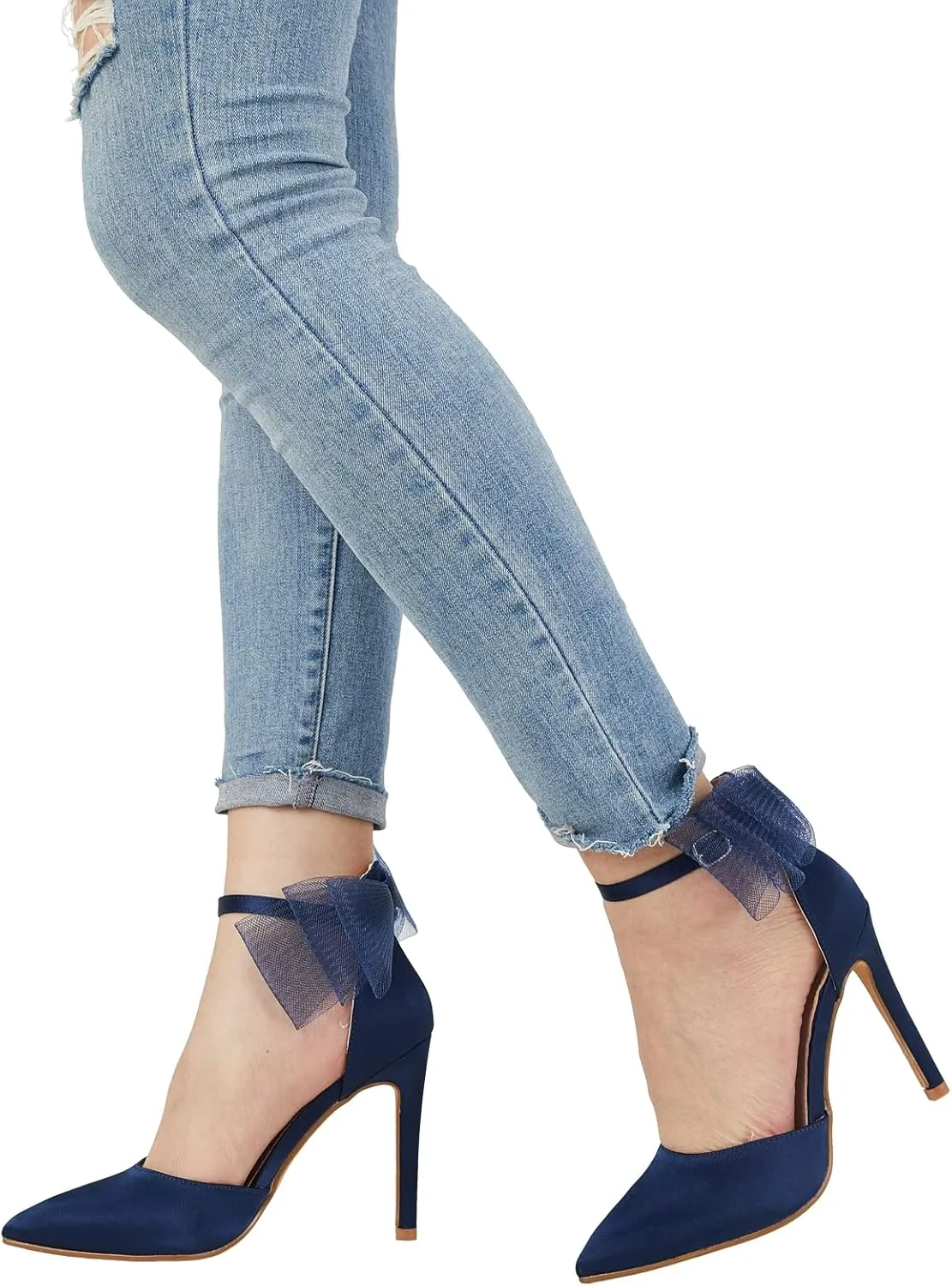 Stiletto Pumps Coutgo Women's Closed Pointed Toe High sympathy fend Heels with Bow Knot Ankle Strap Satin 