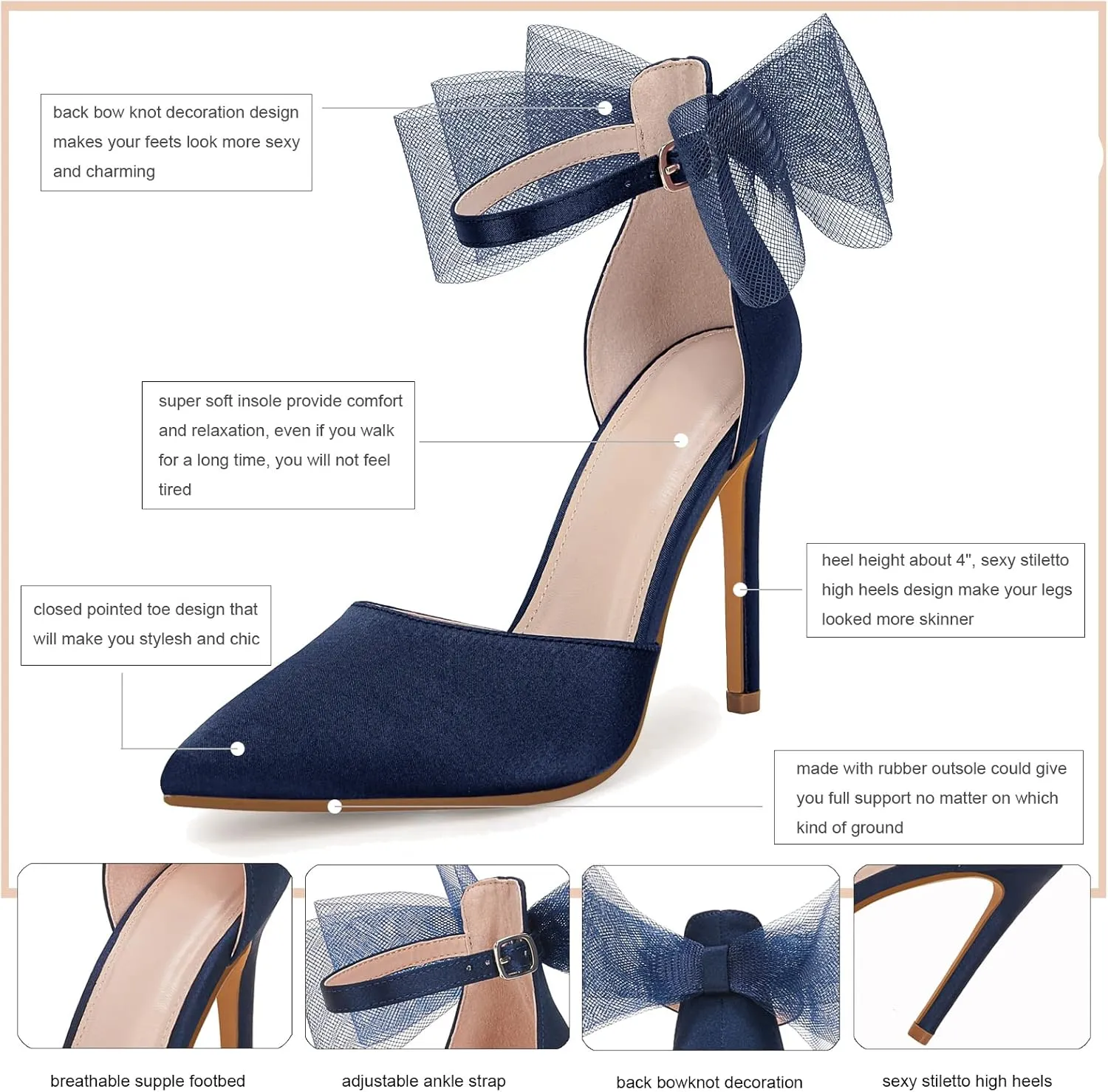 Stiletto Pumps Coutgo Women's Closed Pointed Toe High sympathy fend Heels with Bow Knot Ankle Strap Satin 
